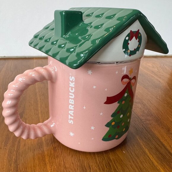 STARBUCKS 2025 Holiday Bear House Mug Roof Lid 14oz Limited Edition Pink Green - Picture 3 of 7